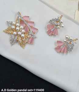 <b>FLOWER</b> STYLISH FASHIONABLE AMERICAN DIAMOND PENDENT SET &GOLD PLATED CLASSIC WITHOUT CHAIN PENDENT NECKLACE SET WOMEN & <b>GIRL</b> - Product Image 4