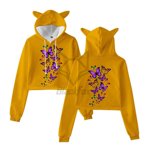Women's Cropped Hoodie With <b>Cat</b> Ears Butterfly Print Yellow Casual Spring Sweatshirt - Product Image 1