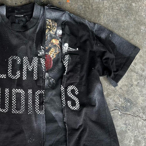 Custom Patchwork Acid Wash <b>Cropped</b> T Shirt For <b>Men</b> Oversized Boxy Fit Cut And Sew Concave Hem Vintage Graphic Streetwear - Product Image 3