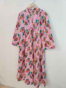 Pink Stripes Fruit Print Cotton Dress | Lightweight Breathable Summer Floor-Length <b>Long</b> <b>Sleeve</b> Party Dress | Elegant Dress - Product Image 4