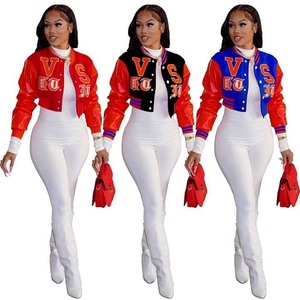 Ropa de calle Patchwork Button Down Cropped Varsity Jacket Mujer Mangas de cuero - Product Image 4