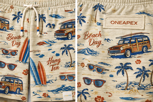 กางเกงชายหาดผู้ชายแบบสั่งทำพิเศษ – กางเกงขาสั้นลำลองพิมพ์ลายวินเทจเอวยางยืดพร้อมเชือกผูก (สีเบจ) - Product Image 6