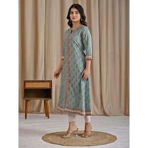 Sea Green Block Printed Aline <b>Kurti</b> Traditional Indian Ethnic Long Cotton <b>Kurti</b> for Daily Wear Parties Floral Stitched Rayon - Product Image 5