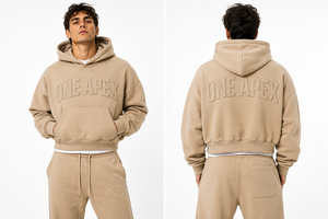 Custom Beige Oversized Cropped Hoodie <b>Men</b> Heavyweight Cotton <b>Pullover</b> Streetwear Embroidered ONE APEX OEM ODM Hoodie - Product Image 2