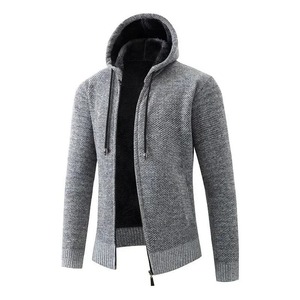 Winter Mens Hooded Cardigan Solid Color Thick Sweater Fleece Casual Jacket Zippered Fashion Mens Coat - Product Image 3