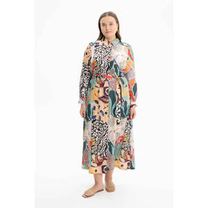 Navy Blue <b>Mint</b> Patterned Knee-Length Shirt <b>Dress</b> with Zippers and Ruffles - Product Image 1