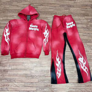 Streetwear vintage personnalisé 100% coton ensemble de jogging imprimé par transfert de chaleur lavage à l'acide survêtement à capuche pantalon de survêtement évasé droit - Product Image 3