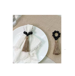 Estilo Cuentas de madera Servilleteros Anillos Cuerda Borlas tejidas a mano Servilletero de madera Accesorios artículos en venta - Product Image 3