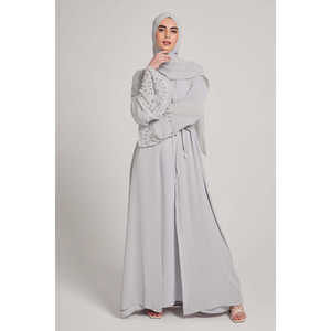 Abaya ouverte à manchette en mousseline de soie grise perlée de qualité supérieure vêtements et accessoires musulmans traditionnels - Product Image 4