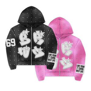 Sweat à capuche pour homme épais, vintage, délavé à l'acide, imprimé personnalisé, à carreaux, effet soleil, vieilli, avec appliqué, broderie, fermeture éclair et strass - Product Image 1