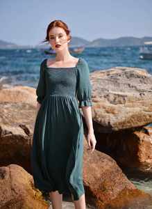 Robe mi-longue en lin bio pour femmes, confortable et élégante, design à épaules dénudées, vêtements d'été lavables. - Product Image 2