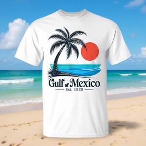 T-shirt Gulf Of Mexico a maniche corte in cotone unisex con scollo rotondo, design retrò da spiaggia, est. 1550 - Product Image 3