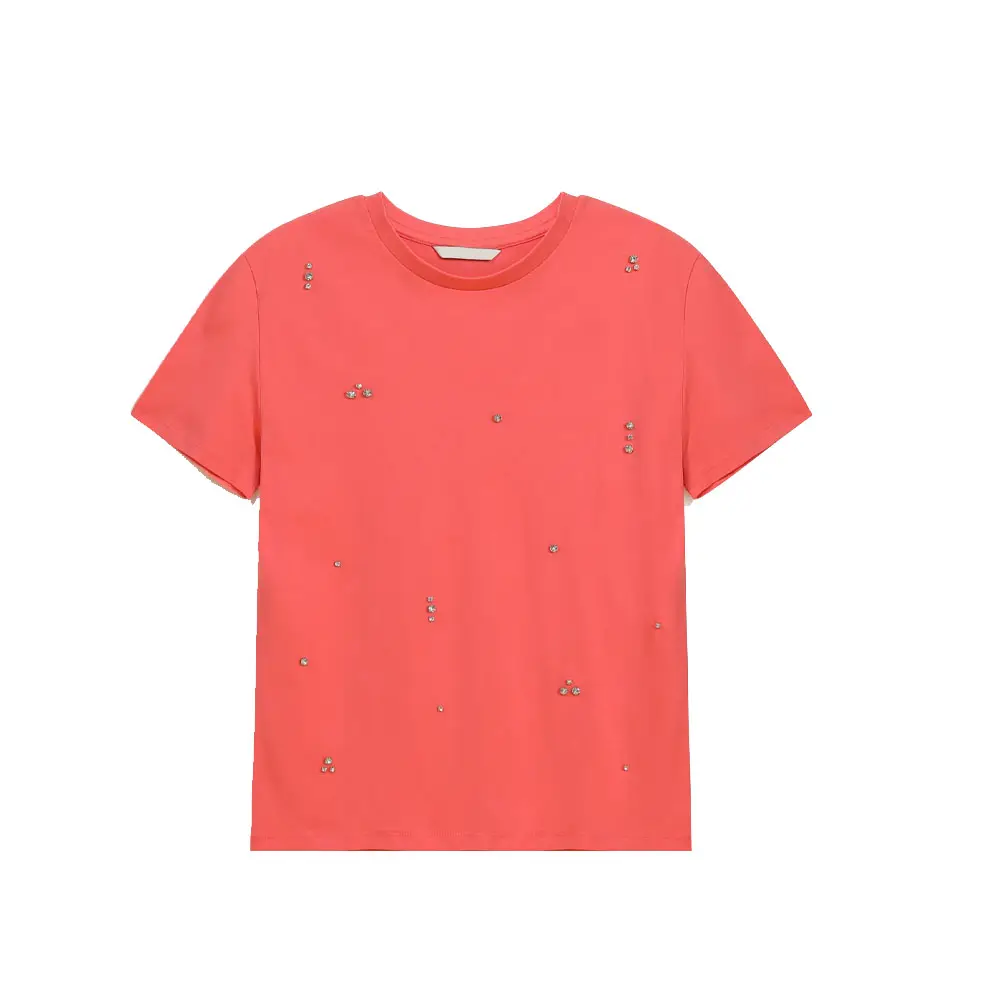 Новейшие Женские Розовые махровые футболки с открытыми плечами и вышивкой с большими кристаллами, женские футболки со стразами