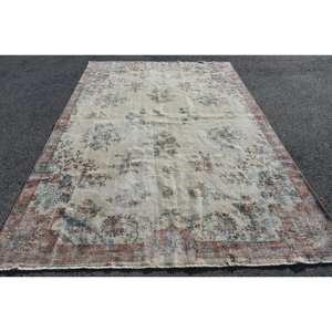 Alfombra clásica de lana azul Beige de 6,9x10,5 pies, diseño de retazos rectangular turco hecho a mano para sala de estar, dormitorio con respaldo de látex - Product Image 1