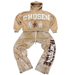 Fabricant OEM Impression DTF et broderie de détresse Prix de gros Ensemble pantalons de survêtement et sweat à capuche en éponge française 100% coton - Product Image 1