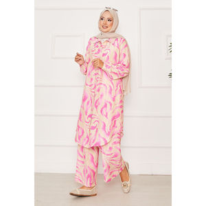 Casual Fuchsia Two-Piece Set Full-Length Button-<b>Down</b> with Elasticated Sleeves Linen Crepe Fabric for Spring/Summer MOQ 2pcs - Product Image 1