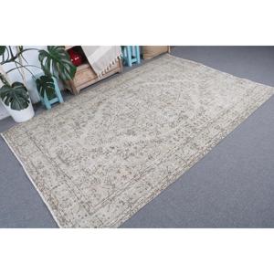 Vintage Rug, Large 5.6x8.4 ft Turkish Rug, <b>Brown</b> White Abstract <b>Wool</b> Rug - Product Image 4