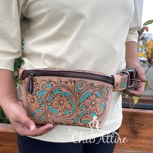 New Hand Tooled Leather Fanny Packs for Women Genuine Leather Vintage Bum Bag Western Turquoise Floral Pattern Leather <b>Belt</b> Bags - Product Image 1