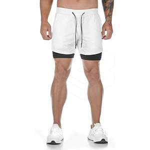 Pantalones cortos atléticos de doble capa de cintura media con logotipo personalizado, patrón sólido de secado rápido, alta calidad, precio económico, novedad - Product Image 1