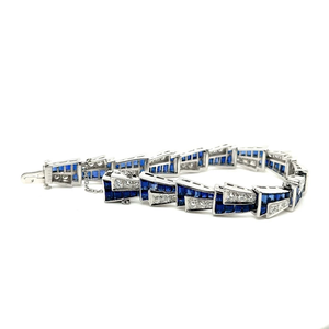 Bracelet à Maillons Miroir Art Déco Platine Saphir Bleu et Diamant Bracelet Tennis Coupe Baguette Saphir et Coupe Ronde - Product Image 3