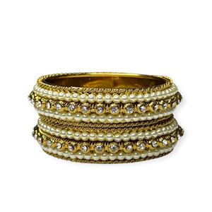 Brazaletes de Perlas Chapados en Oro de Diseño Geométrico Hechos a Mano con Incrustaciones de Piedras, Joyería de Imitación Premium para Novias y Fiestas - Product Image 3