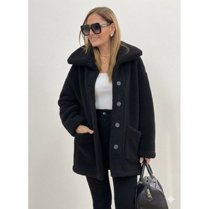 Abrigo de Mujer con Cuello y Botones Delanteros, de Manga Larga, en Felpa, 29580 - Negro - Product Image 1