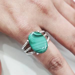 Bague pour femme en argent sterling 925 avec pierre précieuse naturelle en malachite, 3 bandes torsadées, style bohème, cadeau de Noël, bijoux faits à la main - Product Image 3