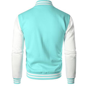 Nouvelle veste de baseball pour homme de couleur bleu menthe, manches en cuir blanc, col montant, boutonnée, bordure côtelée, logo personnalisé, veste d'hiver - Product Image 3