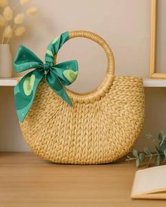 Sac fourre-tout en paille fait main avec poignée ronde, sac à main tissé en demi-cercle décoré d'un nœud en soie verte - Product Image 1