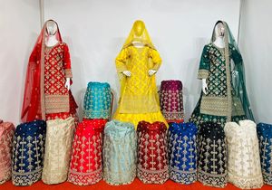 Stunning High Quality Bridal Lehenga Set with Long <b>Top</b> Heavy Work Jarkan Stones & Big Flair 15 Winter Wedding Colors Fancy Model - Product Image 2