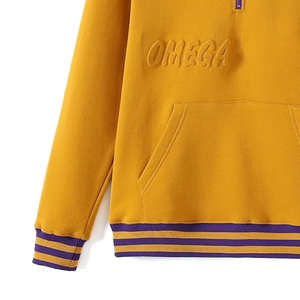 เสื้อกีฬาโปโลมีซิปลายโอเมก้าควอเตอร์3D สีทองลายทางสีม่วงและมัสตาร์ด - Product Image 6