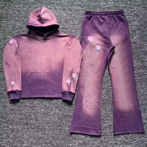 Logotipo personalizado Hombres Puff Imprimir 500gsm Vintage Acid Wash Sudadera con capucha y pantalones de chándal acampanados Conjunto Sun Faded Sweatsuit Chándal - Product Image 1