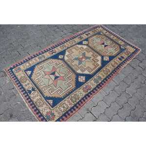 พรมตุรกีขนาด 3.37x6.3 ฟุต, พรมวินเทจลายจุดสีน้ำเงินแดง, พรมขนสัตว์ลายจุดสีน้ำเงินแดง - Product Image 3