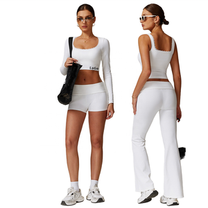 Conjunto de 2 Piezas para Mujer, Color Blanco, Manga Larga, Cuello Cuadrado, Top Corto con Ribete de Encaje, Pantalones Acampanados de Cintura Alta, Ropa de Yoga - Product Image 1