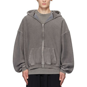 Sudadera con Capucha de Algodón 100% Estilo Urbano Personalizado, Lavado Ácido, Estilo Vintage, Hombros Caídos, Cierre de Cremallera - Product Image 1