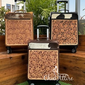 Men & Women Hand <b>Tooled</b> Leather Carry-on Luggage Suit <b>Cases</b> Travel Wheel Trolley Luggage Real Cowhide Leather Suitcase Luggage - Product Image 1