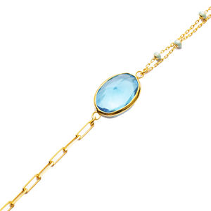 <b>Aquamarine</b> Quartz 22K Gold Bezel Oval Shape Silver <b>Bracelet</b> Wholesale Handmade 925 Sterling Jewelry - Product Image 3