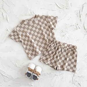 Trajes de verano para niños pequeños, camiseta con patrón de cuadrícula de cuello redondo + pantalones cortos de cintura elástica, ropa de conjunto de 2 uds, manga corta informal para bebés y niños - Product Image 4