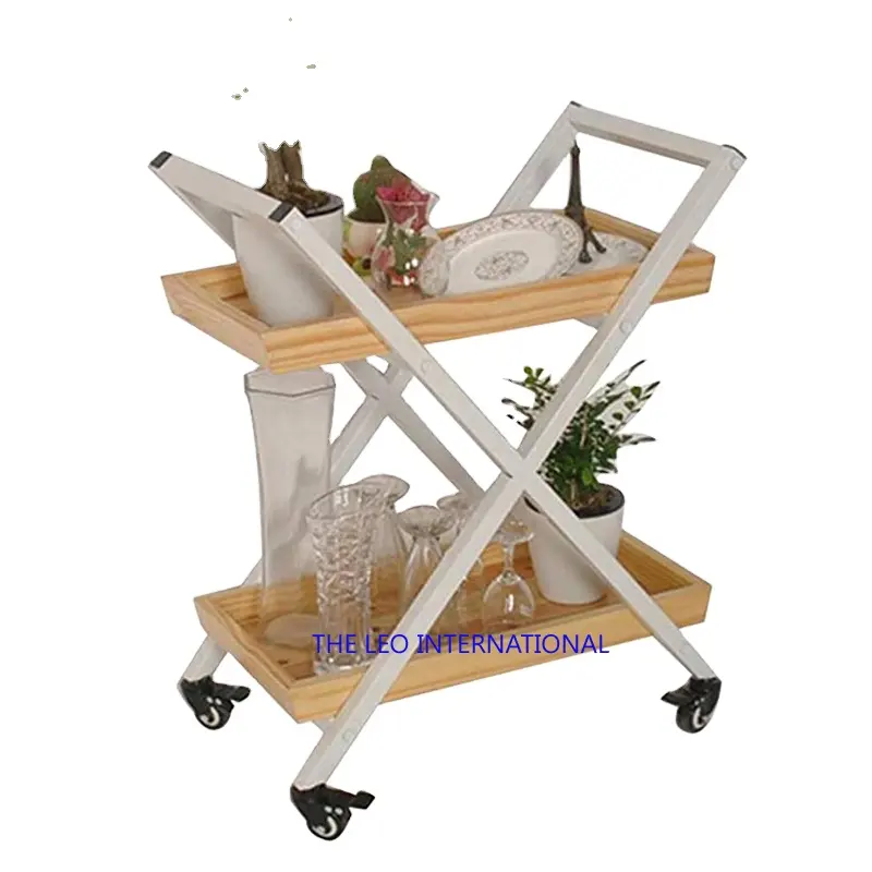 natural Wood Kitchen Metal Furniture Drinks Trolley Bar Cart With Wine Rack commercial furniture Hotel Furniture trolley