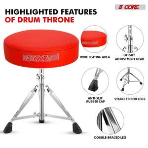 5 Core Drum Throne 3 Thick Padded Memory Foam Comfortable Drummer <b>Stool</b> 200Lb Capacity Adjustable - Product Image 2