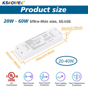 100-120Vac 20W-60W Slim <span class=keywords><strong>Dimmable</strong></span> <span class=keywords><strong>LED</strong></span> Drivers Transformateurs 12V/<span class=keywords><strong>24V</strong></span> Alimentation à découpage ultra-mince pour bandes <span class=keywords><strong>LED</strong></span> - Product Image 4