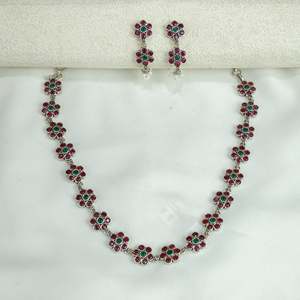 Ayushi Delicate Silver <b>Necklace</b> Set with <b>Ruby</b> and Emerald Floral Design for Party Occasions - Product Image 4