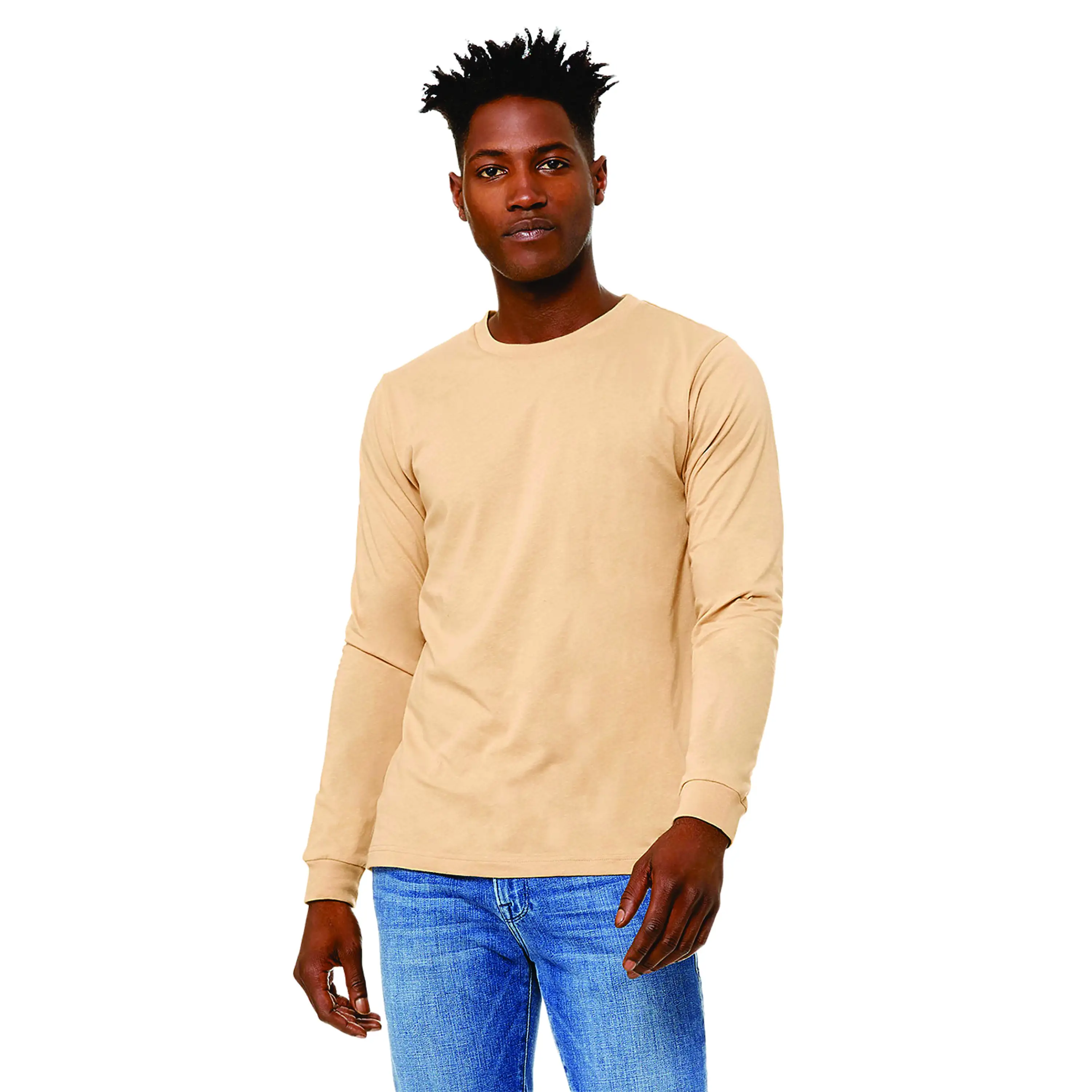 100% Airlume Combed and Ring Spun Cotton 32 Single 4.2 oz Sand Dune Classic Crew Neck Unisex Jersey Long Sleeves T-Shirt