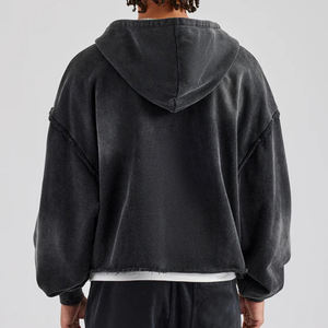 Sweat à capuche oversize délavé de 500 grammes avec fermeture éclair, manches raglan, détails à bords bruts, lavage foncé, style streetwear noir - Product Image 2