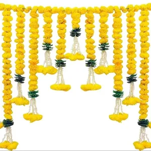 Artificial Marigold Flower Bandhanwar Door Hanging Toran For Pooja Mandir, Indian Backdrop, Wedding Decor