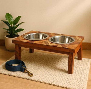 Eco-Friendly Handmade Pet <b>Feeding</b> <b>Station</b> Wooden <b>Dog</b> Feeder Stand with Stainless Steel Bowls for Wholesaling in India - Product Image 2