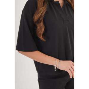 Blusa Negra de Manga Corta para Mujer con Cuello Camisero, Producto al por Mayor - Product Image 1