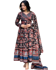 ชุดคลุมอนาลกาลิจากผ้าฝ้ายปากีสถานสำหรับผู้หญิงเดรสอินเดียยาวถึงพื้นพร้อมลูกไม้ตกแต่งด้านบนสไตล์ซักได้ - Product Image 1