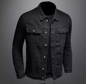 <b>Black</b> Denim <b>Jacket</b> Men Solid Color Washed Cotton <b>Jean</b> Coat Multi Pocket Snap Front Custom Logo OEM - Product Image 1