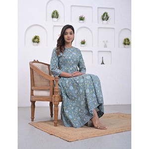 ชุดกูร์ตะอานาร์กาลีสีน้ำเงินทะเล ผ้าฝ้ายเนื้อหนักและผ้าไหมปักลาย ผ้าเน็ตสไตล์ชาติพันธุ์ ชุดปาร์ตี้แบบสัลวาร์ คามีซ ตัดเย็บสำเร็จ - Product Image 5